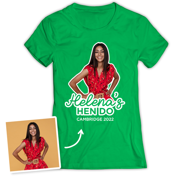 Hen Do Photo T-shirt – Photo, Text, Location on Green T-shirt
