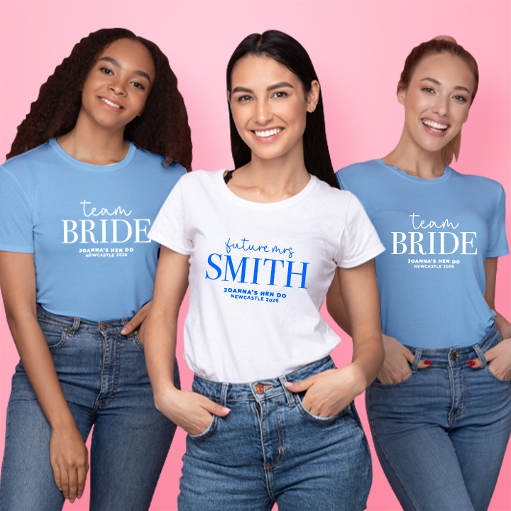 A white t-shirt with editable text that reads Bride Squad, Anna’s Hen Do, Marbella 2026