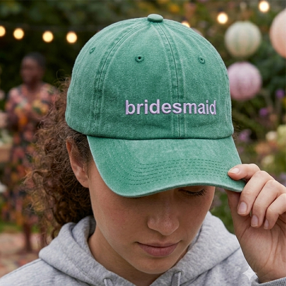 A female model wearing a premium custom hen do cap in green that has been embroidered with bridesmaid in orchid text
