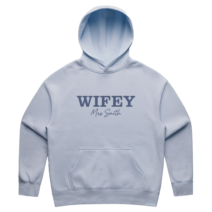 Powder blue honeymoon hoodie with 'WIFEY' and 'Mrs Smith' embroidered on front