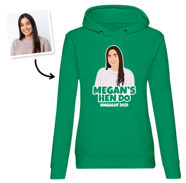 Hen Do Illustration from Photo T-shirt – Illustration, Text, Location on Green Hoodie