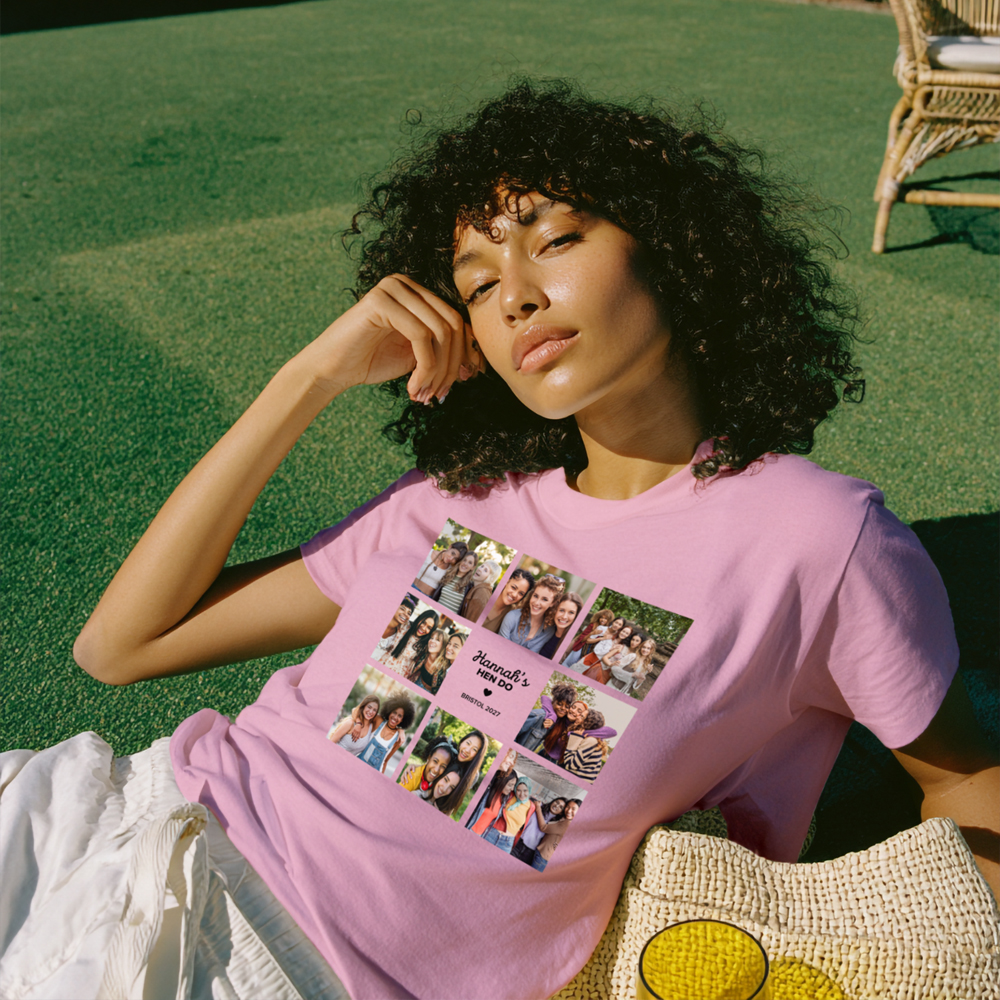 Hen Do Photo T-shirt – Photo, Text, Location on Black T-shirt