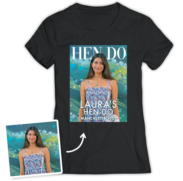Hen Do Photo T-shirt – Photo, Text, Location on Black T-shirt