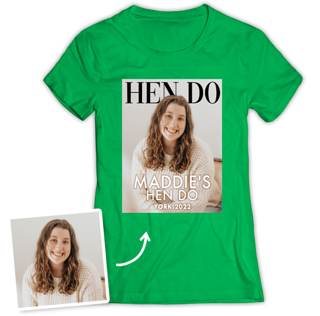 Hen Do Photo T-shirt – Photo, Text, Location on Black T-shirt