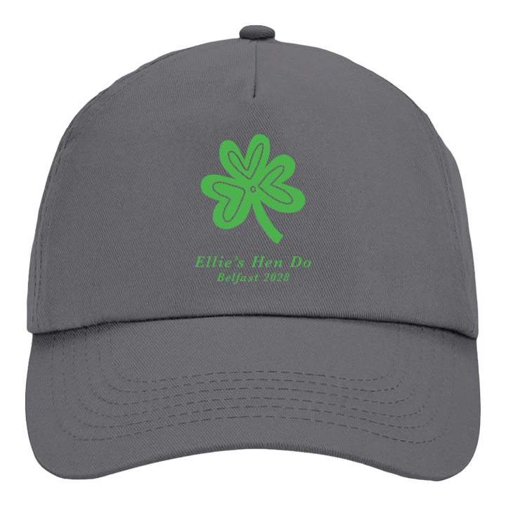 A custom St Paddy's themed hen cap in graphite grey with a shamrock design in green with the custom text Ellie's Hen Do Belfast 2028