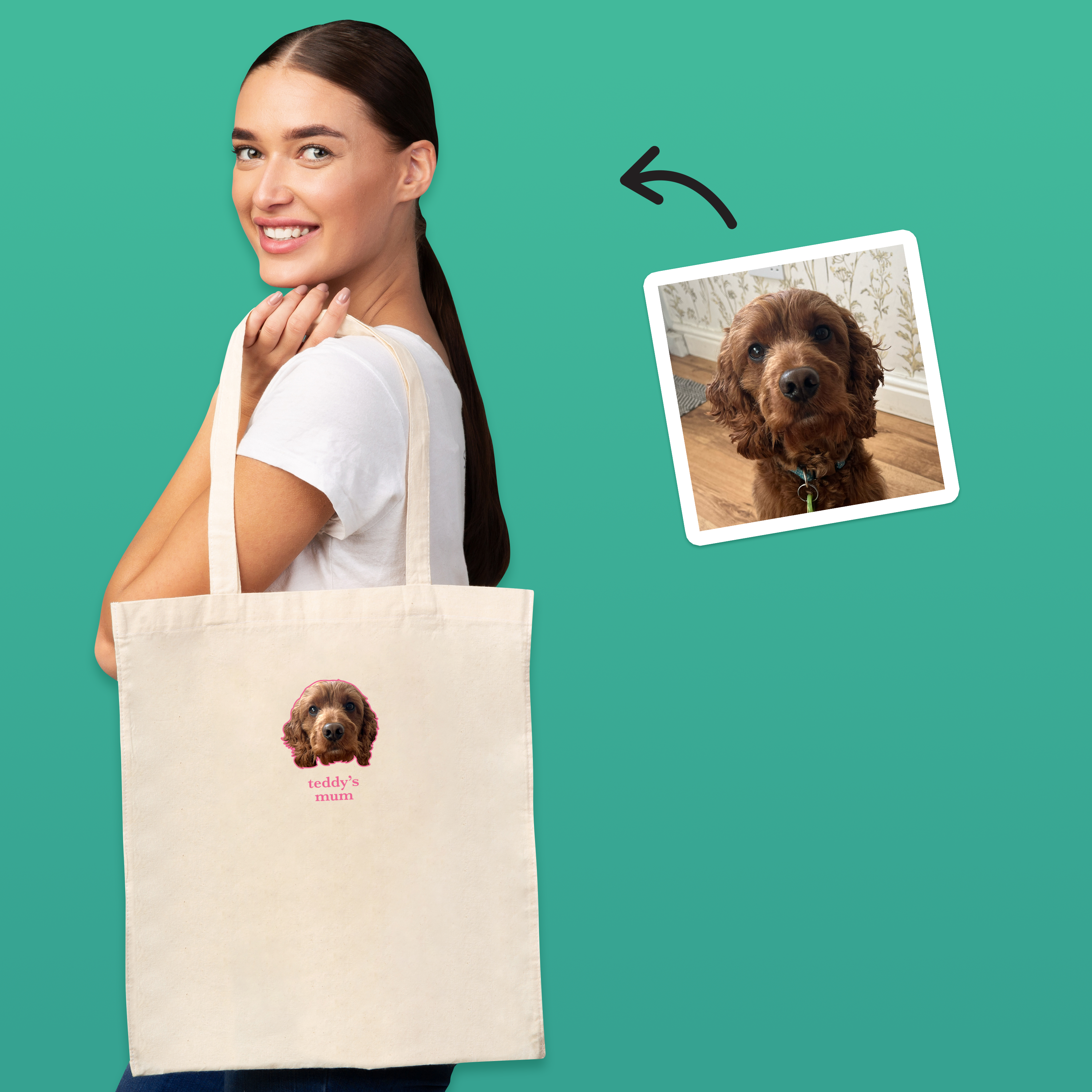  A female model modelling a blue tote bag that can be customised with the face of a pet and up to two lines of custom text, it has a cat on it and reads whiskers underneath it