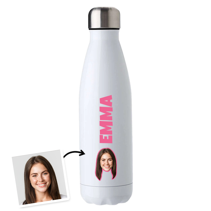 A white custom drinks bottle in a bowling bottle style that has been personalised with the name Emma and a custom face photo of a woman at the bottom of the bottle