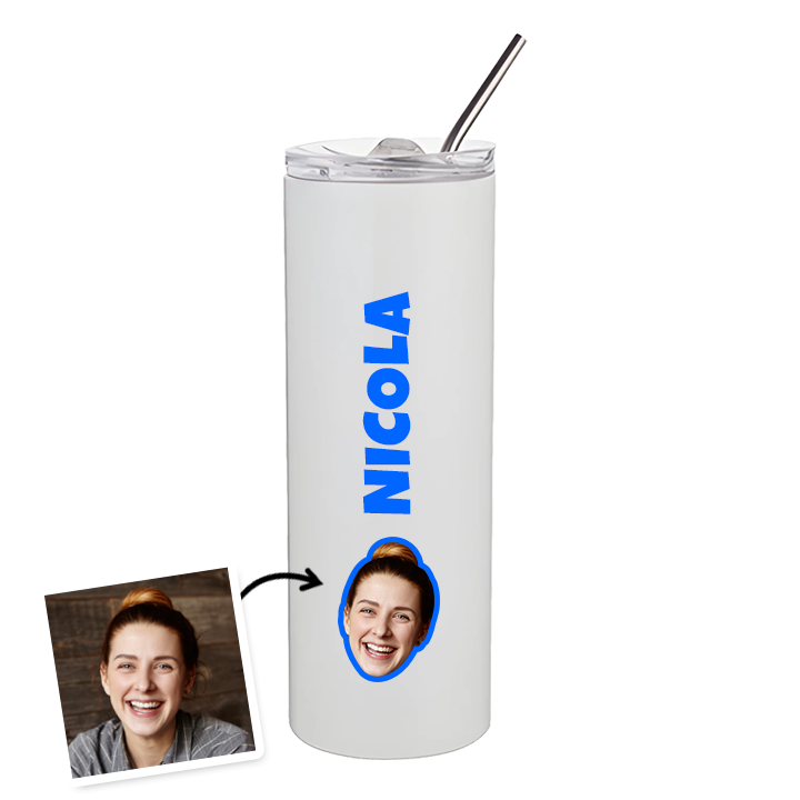 A white custom drinks bottle in a slim tumbler style that has been personalised with the name Nicola and a custom face photo of a woman at the bottom of the bottle