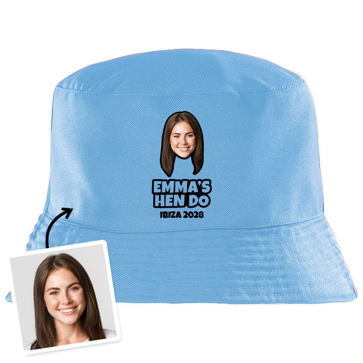 A blue custom hen do bucket hat that has been personalised with a photo of a woman's face and the custom text Emma's Hen Do Ibiza 2028
