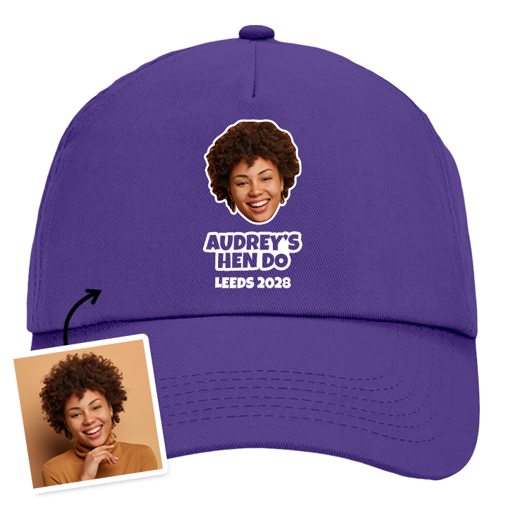 A purple custom hen do cap that has been personalised with a photo of a woman's face and the custom text Audrey's Hen Do Leeds 2028