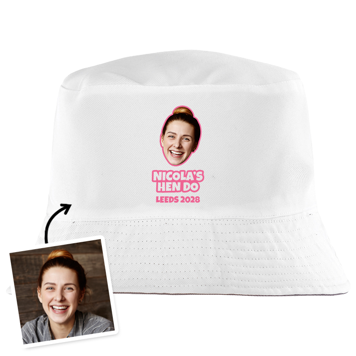 A white custom hen do bucket hat that has been personalised with a photo of a woman's face and the custom text Nicola's hen do Leeds 2028
