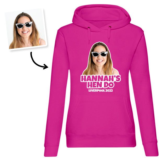 Hen Do Photo T-shirt – Photo, Text, Location on Pink Hoodie
