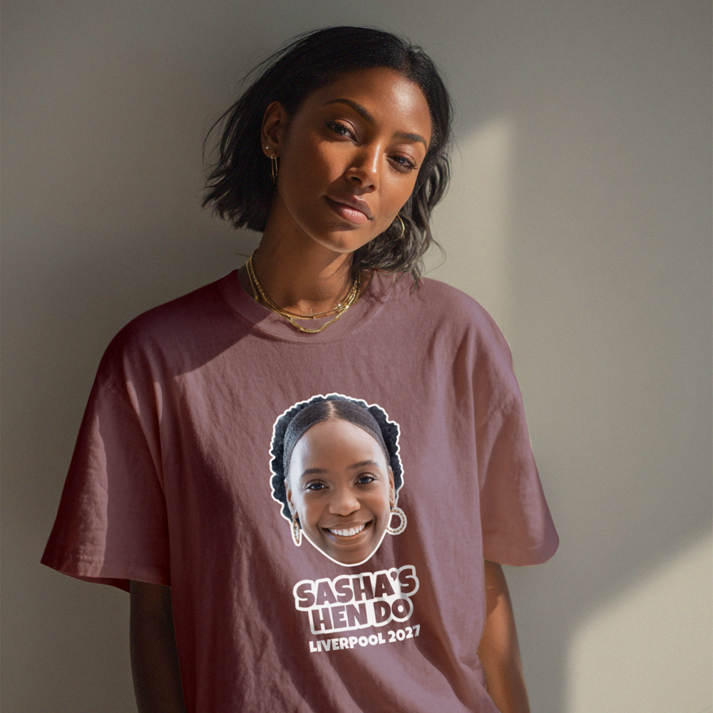 Hen Do Photo T-shirt – Photo, Text, Location on White T-shirt