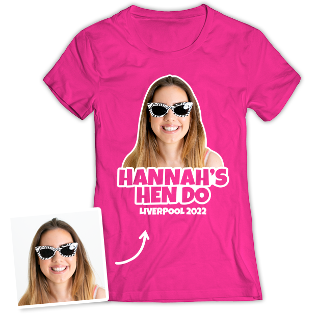 Hen Do Photo T-shirt – Photo, Text, Location on Pink T-shirt