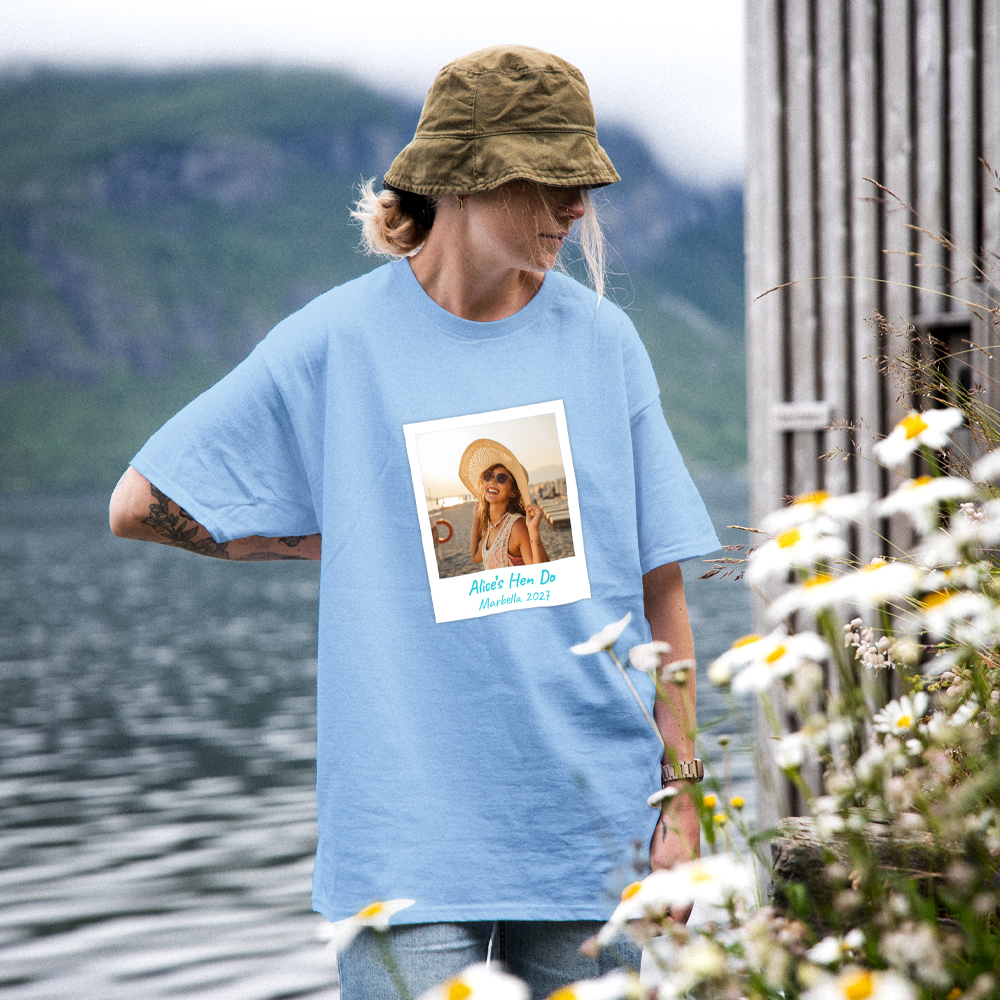 Hen Do Photo T-shirt – Photo, Text, Location on Pink T-shirt