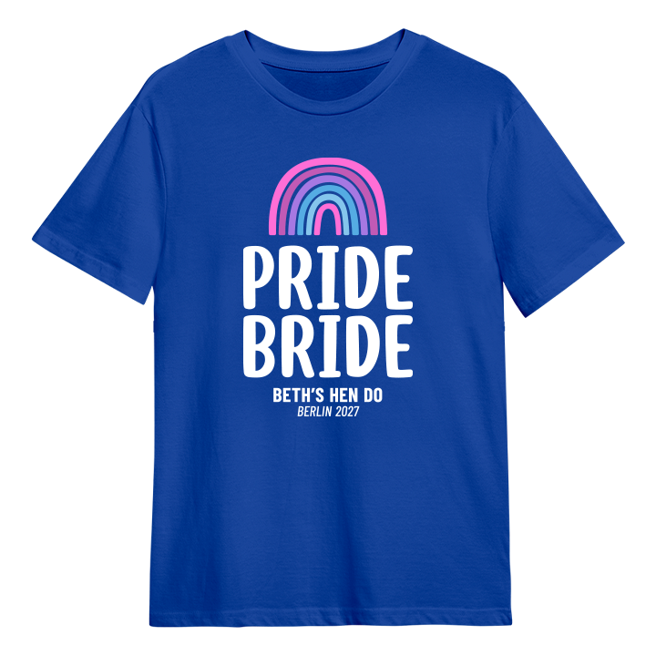 A queer custom hen do t-shirt that reads Pride Bride with rainbow design and custom text that says Beth's Hen Do Berlin 2027