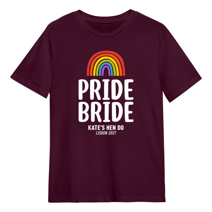 A queer custom hen do t-shirt that reads Pride Bride with rainbow design and custom text that says Katie's Hen Do Lisbon 2027