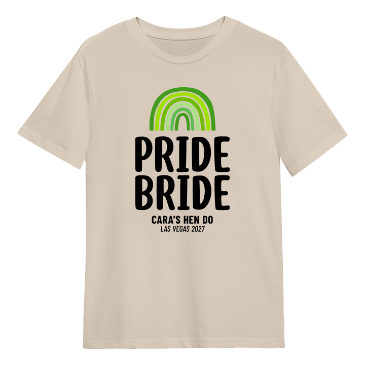 A queer custom hen do t-shirt that reads Pride Bride with rainbow design and custom text that says Cara's Hen Do Las Vegas 2027
