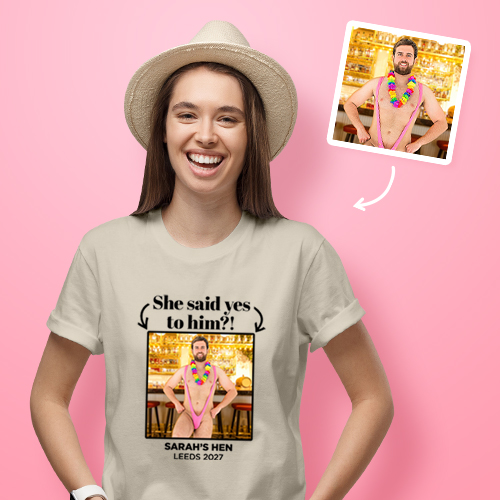 Hen Do Photo T-shirt – Photo, Text, Location on Pink T-shirt