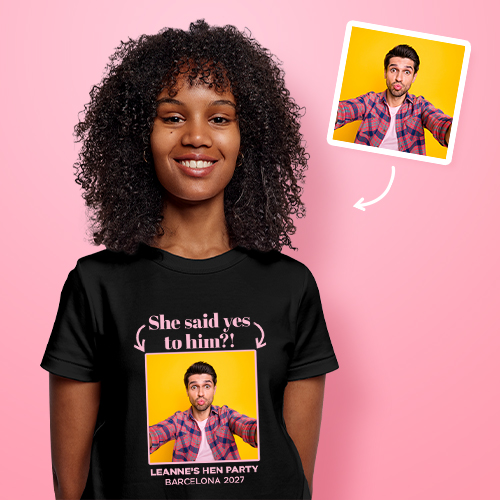 Hen Do Photo T-shirt – Photo, Text, Location on Yellow T-shirt