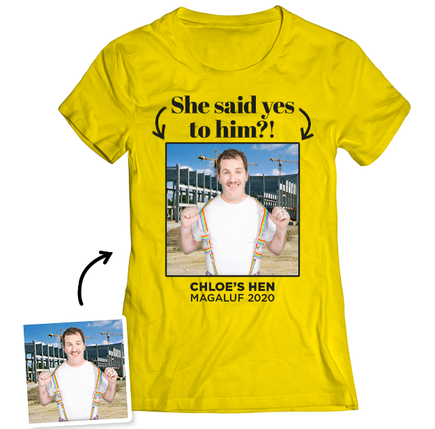Hen Do Photo T-shirt – Photo, Text, Location on Yellow T-shirt