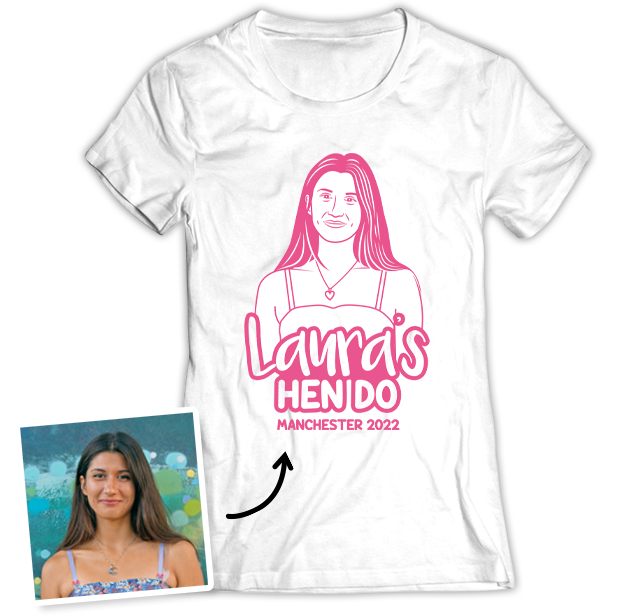 Hen Do Illustration from Photo T-shirt – Illustration, Text, Location on White T-shirt