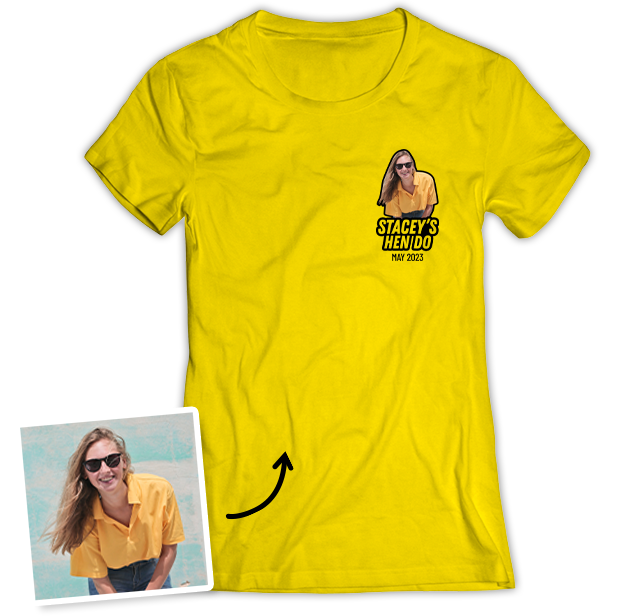 Hen Do Small Photo T-Shirt – Photo, Text, Location on Yellow T-Shirt