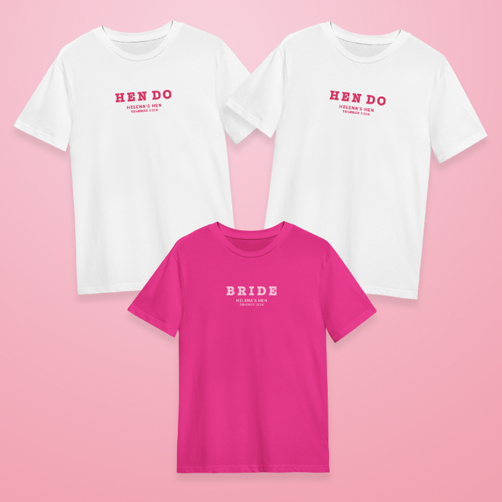 Two white hen do t shirts that read Hen Do in a subtle font that are pictured above a pink hen do t shirt that reads Bride in a subtle text