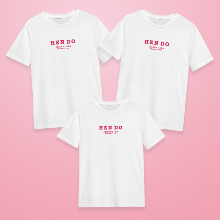 Three custom hen do t shirts that read Hen Do, Helena's Hen, Tenerife 2026 in a subtle pink font