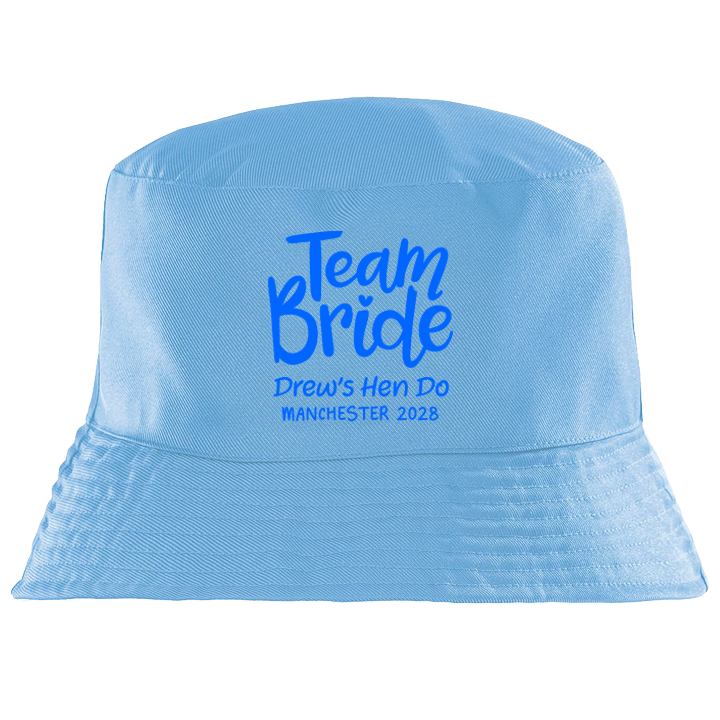 A light blue coloured custom hen do bucket hat reading Team Bride Drew's Hen Do Manchester 2028 in a darker blue font