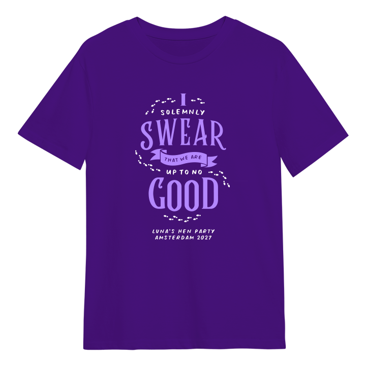 A Harry Potter Marauder's Map inspired hen do shirt that reads I solemnly swear that we are up to no good with the custom text Luna's Hen Party Amsterdam 2027