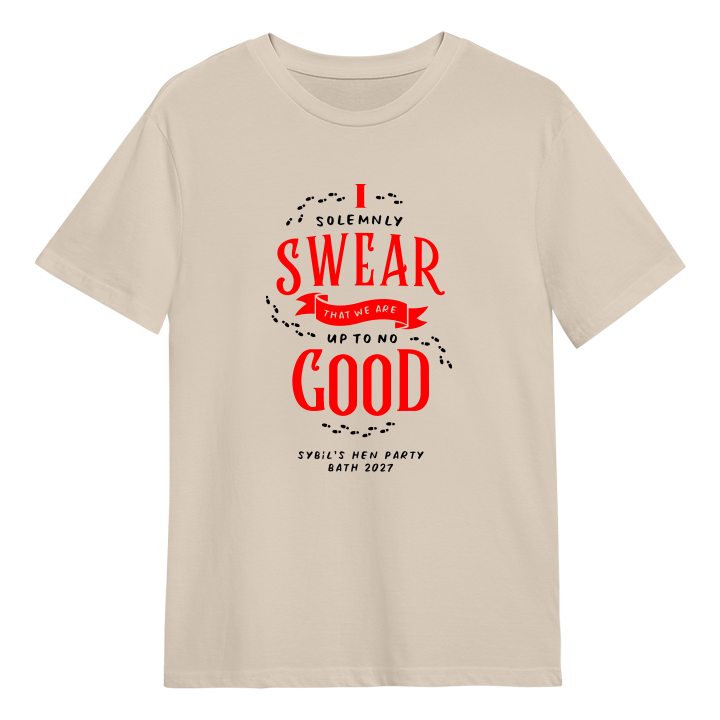 A Harry Potter Marauder's Map inspired hen do shirt that reads I solemnly swear that we are up to no good with the custom text Sybil's Hen Party Bath 2027