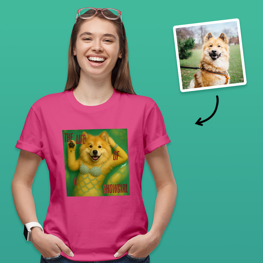 A pink Taylor Swift inspired t shirt that can have a photo of your pet added to it so it looks like they are a part of the Life of a Showgirl album, which has a dog on it