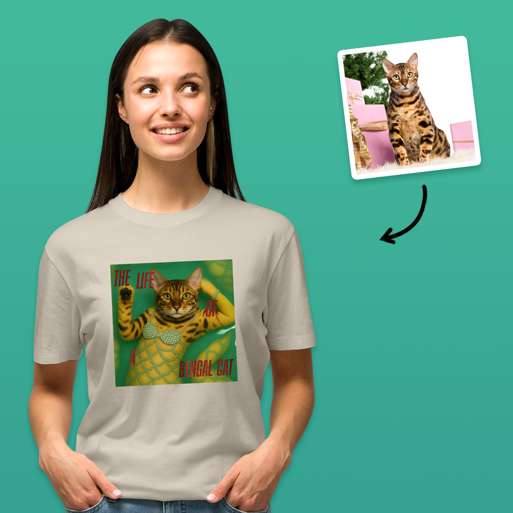 A white Taylor Swift inspired t shirt that can have a photo of your pet added to it so it looks like they are a part of the Life of a Showgirl album, which has a cat on it