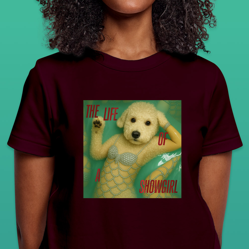 A Taylor Swift inspired t shirt that can have a photo of your pet added to it so it looks like they are a part of the Life of a Showgirl album, which has a white poodle on it 