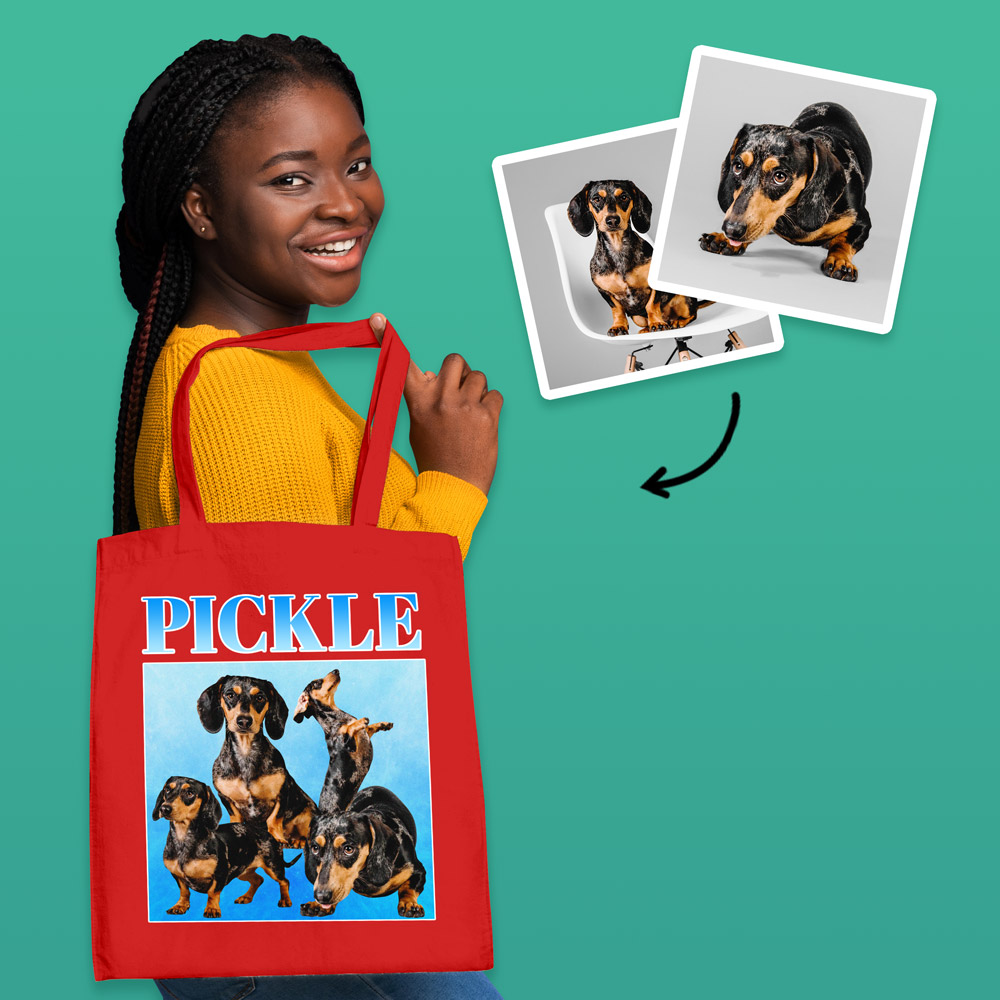 A female model wearing a custom pet tote bag with a bootleg-style design that has the same Dachshund on it 4 times with custom text reading Pickle