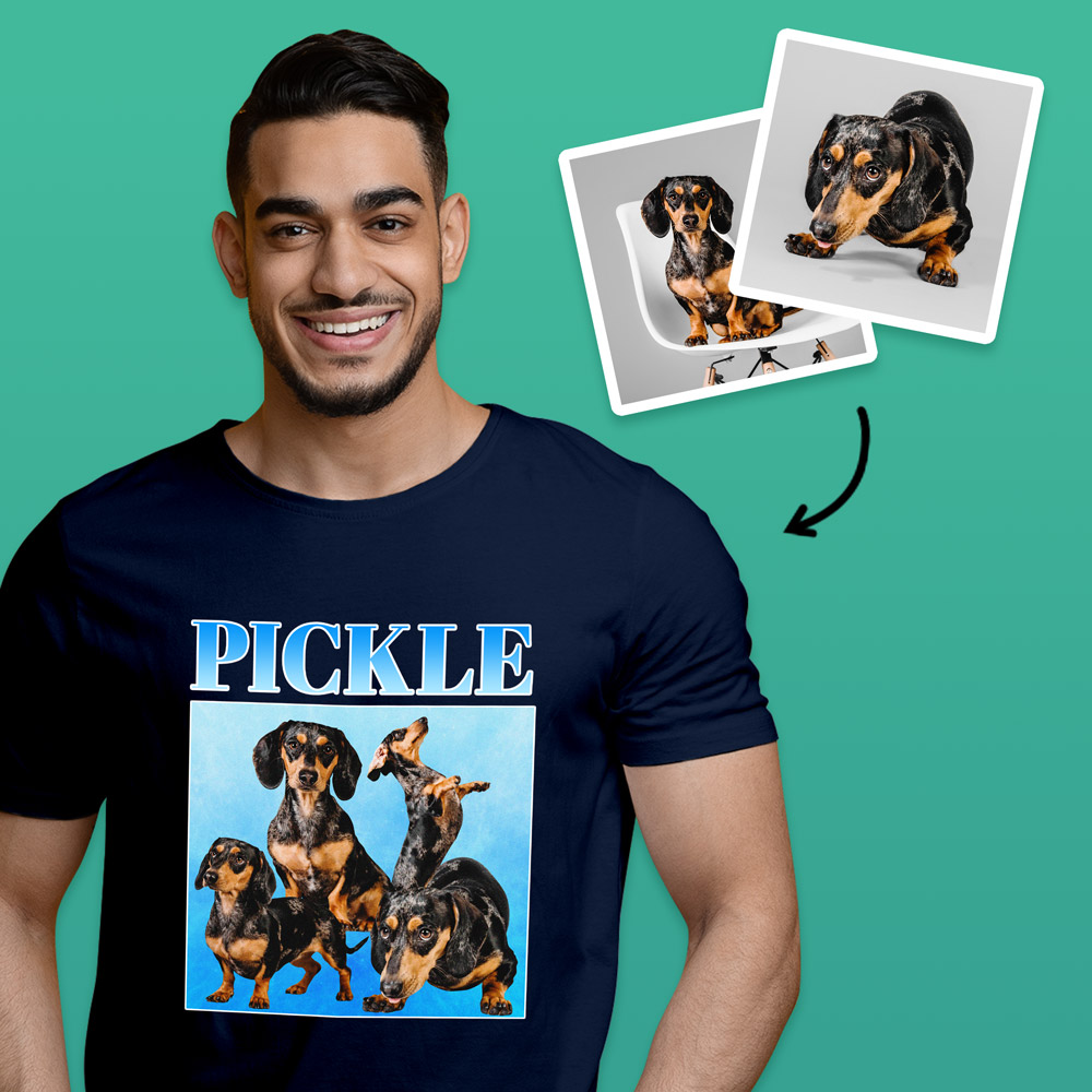 A male model wearing a custom pet t shirt with a bootleg-style design that has the same Dachshund on it four times with custom text reading Pickle