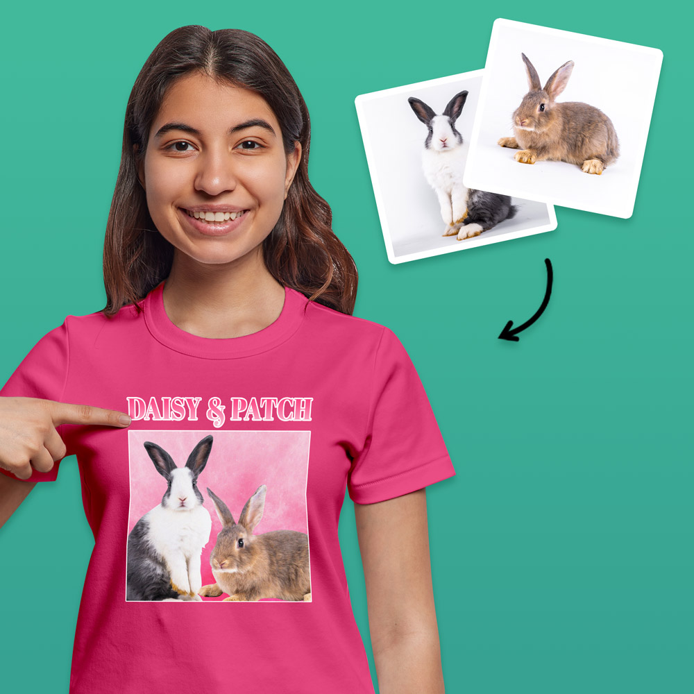 A female model wearing a custom pet t shirt with a bootleg-style design that has two rabbits on it with custom text reading Daisy & Patch