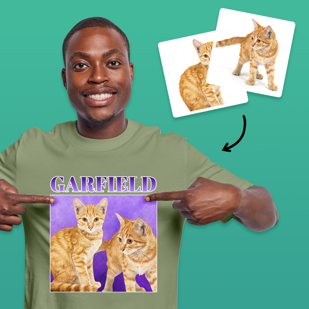 A male model wearing a custom pet t shirt with a bootleg-style design that has the same ginger cats on it twice with custom text reading Garfield
