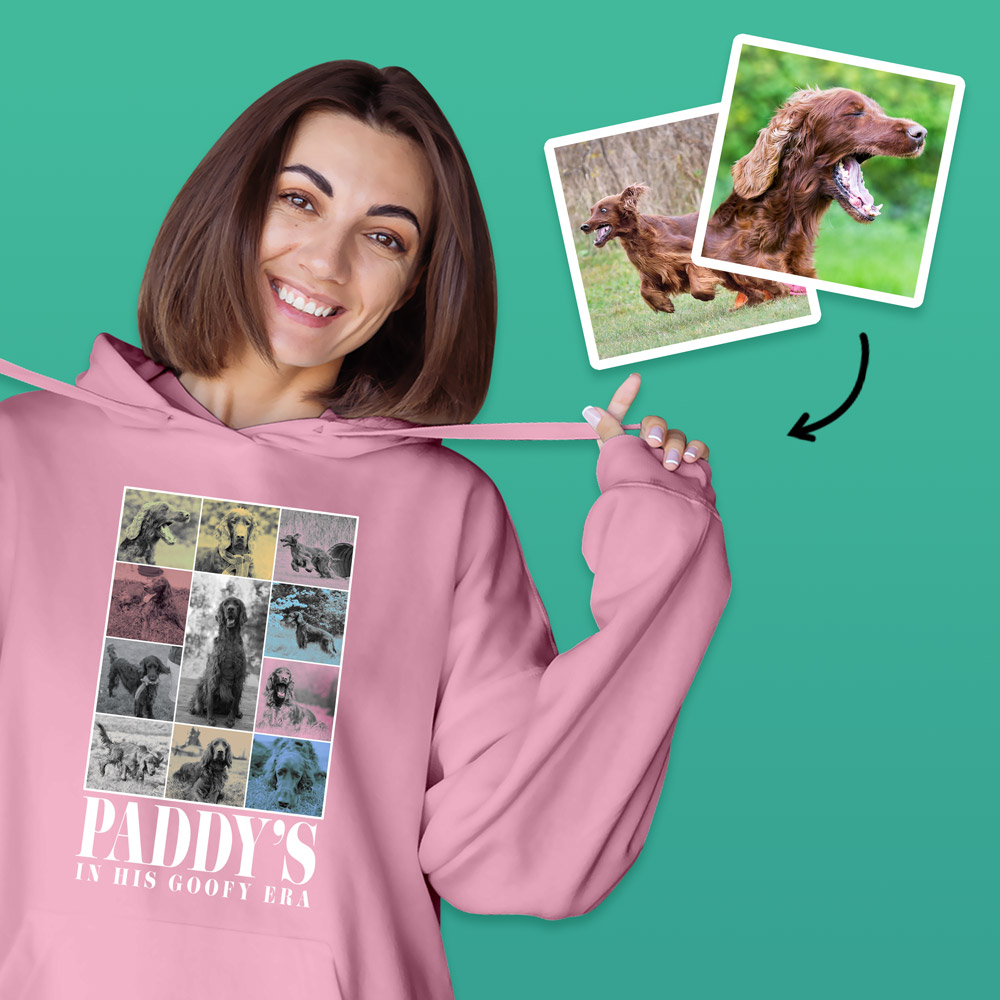 A custom pet hoodie in a Taylor Swift Eras Tour style that has lots of pictures of the same dog in a grid layout with custom text reading Paddy's In His Goofy Era