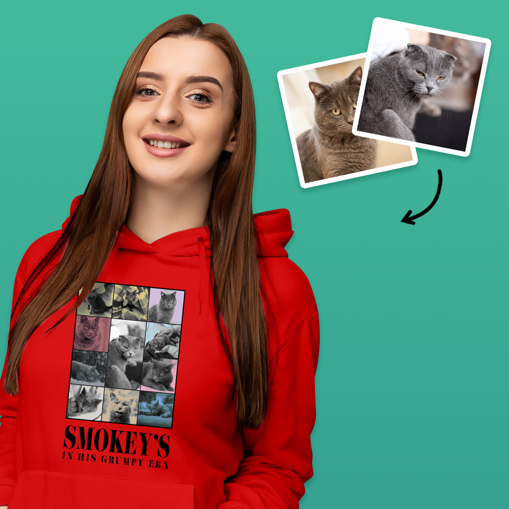 A custom pet hoodie in a Taylor Swift Eras Tour style that has lots of pictures of the same cat in a grid layout with custom text reading Smokey's in her Grumpy Era