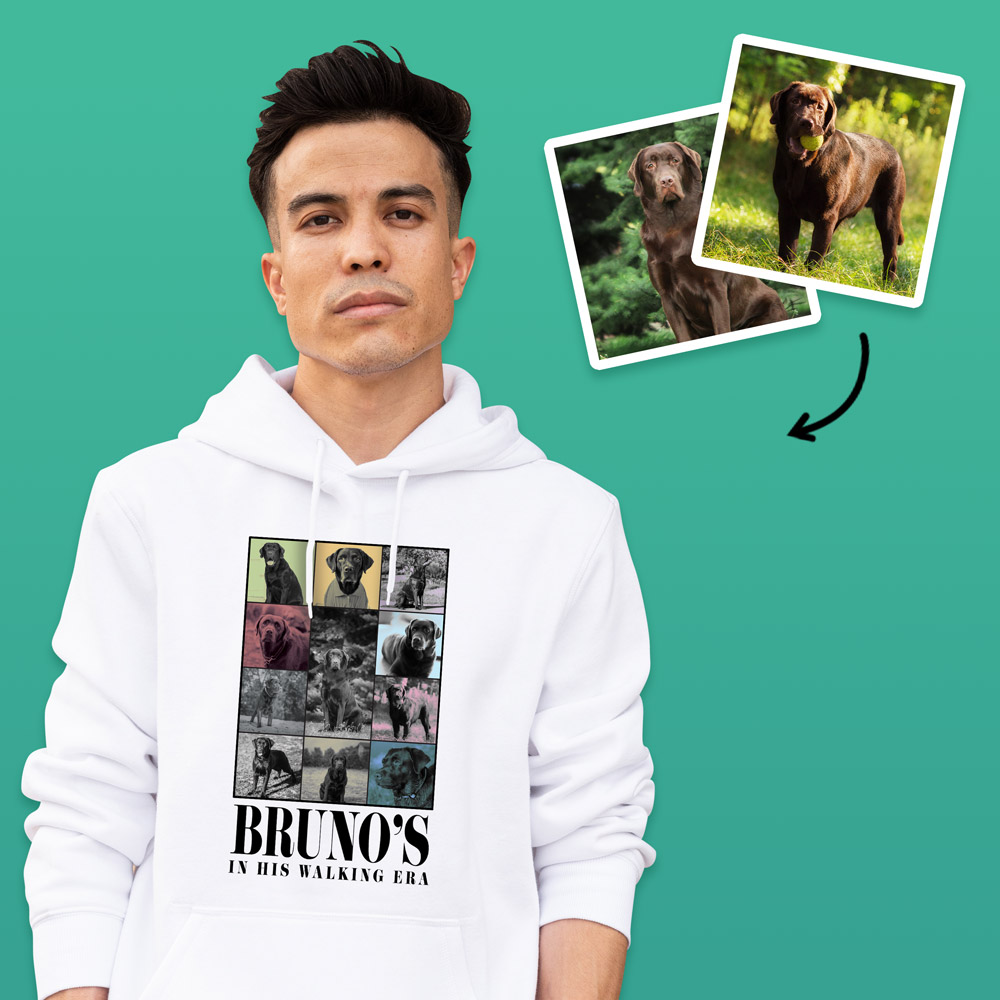 A custom pet hoodie in a Taylor Swift Eras Tour style that has lots of pictures of the same dog in a grid layout with custom text reading Bruno's In His Walking Era
