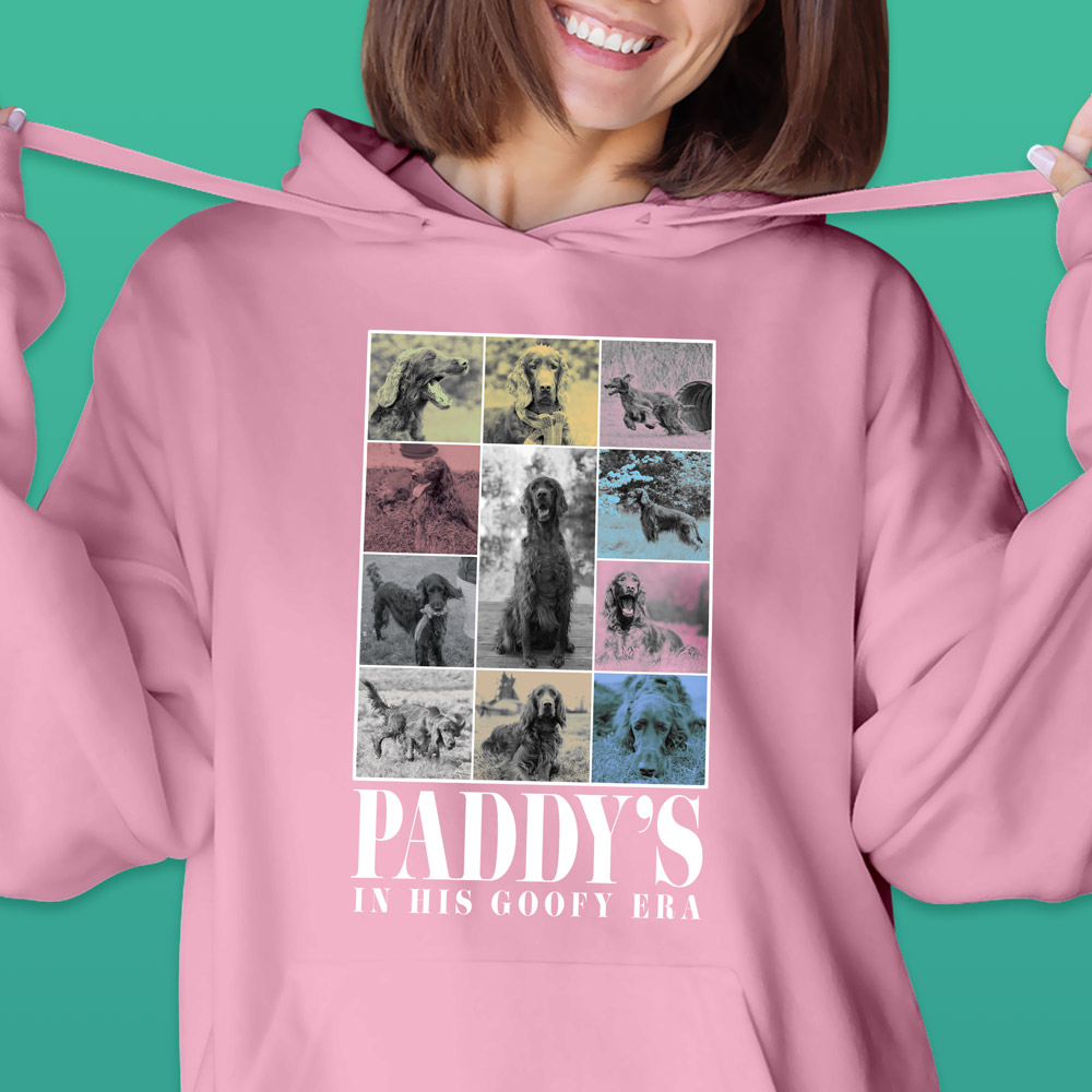 A custom pet hoodie in a Taylor Swift Eras Tour style that has lots of pictures of the same dog in a grid layout with custom text reading Paddy's In His Goofy Era