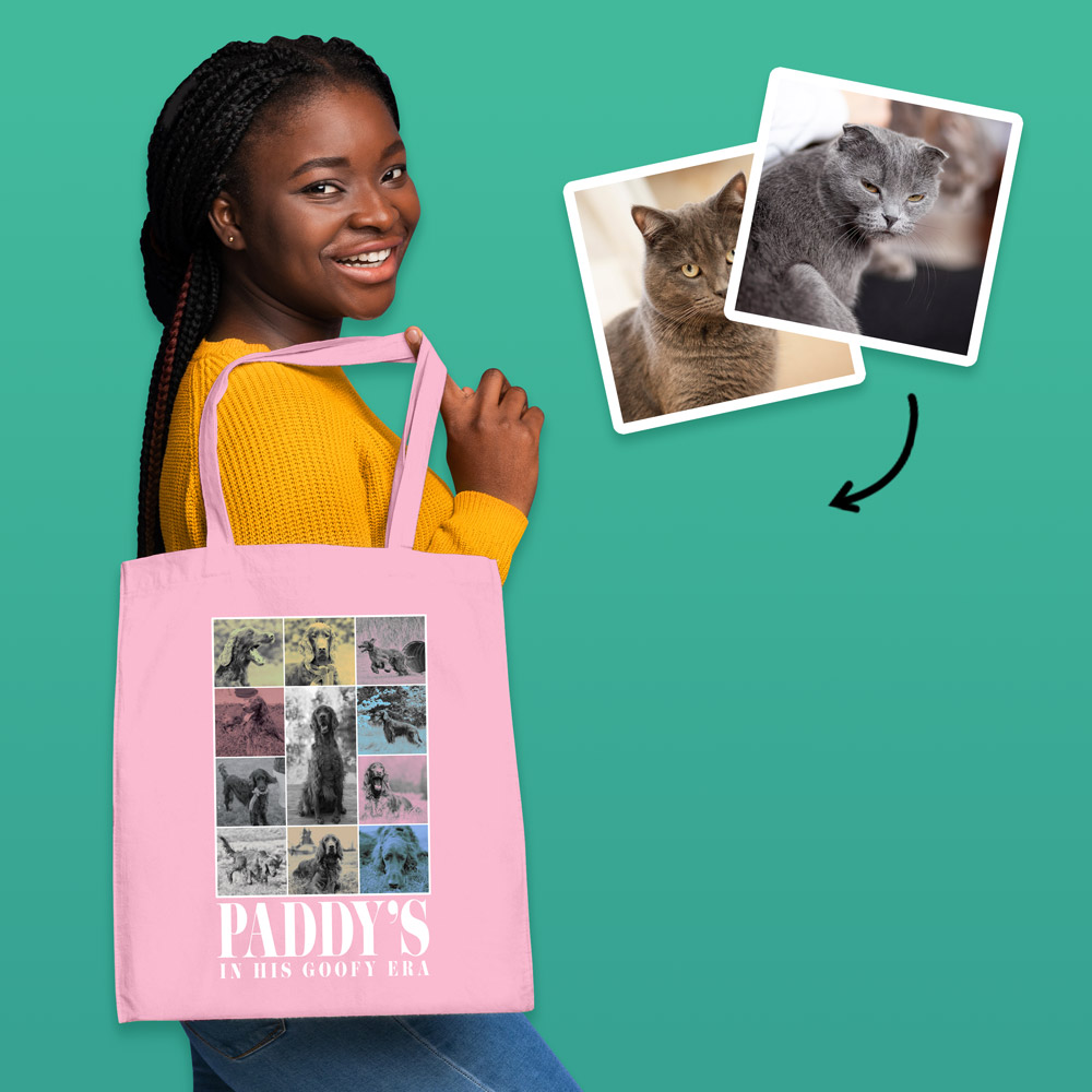 A female model wearing a blue Eras themed tote bag that has been personalised with loads of pictures of a dog and the custom text Paddy's In His Goofy Era