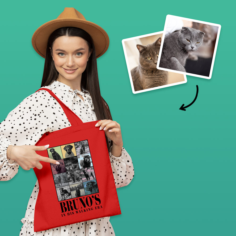 A female model wearing a blue Eras themed tote bag that has been personalised with loads of pictures of a dog and the custom text Bruno's In His Walking Era