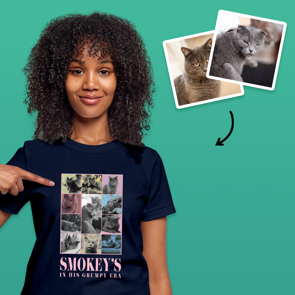 A custom pet t shirt in a Taylor Swift Eras Tour style that has lots of pictures of the same cat in a grid layout with custom text reading Smokey's In His Grumpy Era