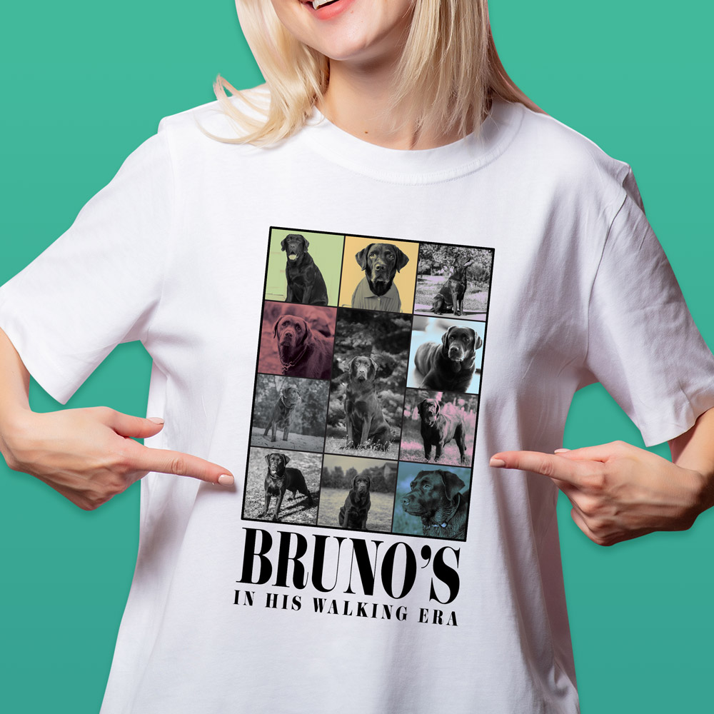 A custom pet t shirt in a Taylor Swift Eras Tour style that has lots of pictures of the same dog in a grid layout with custom text reading Bruno's In His Walking Era 