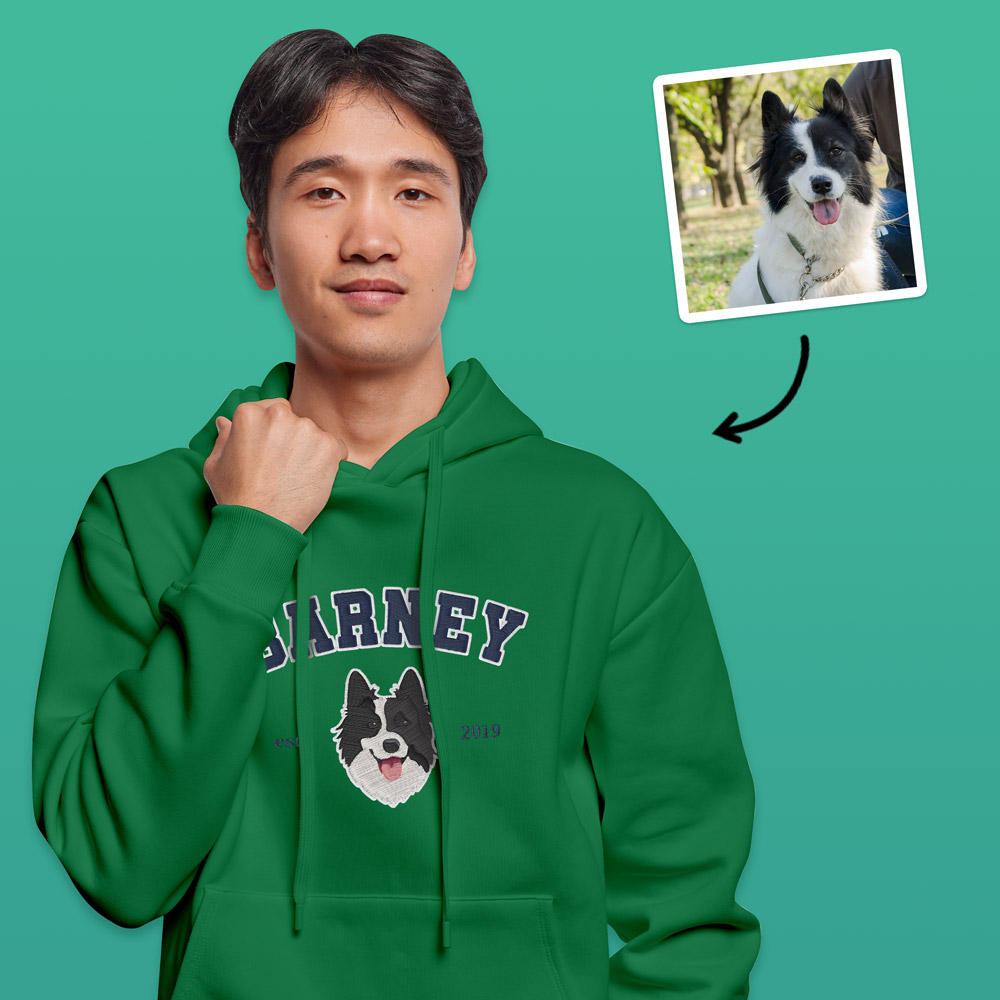 A custom pet hoodie in a varsity style which has been customised with an embroidered sheepdog and custom text reading Barney est 2019 