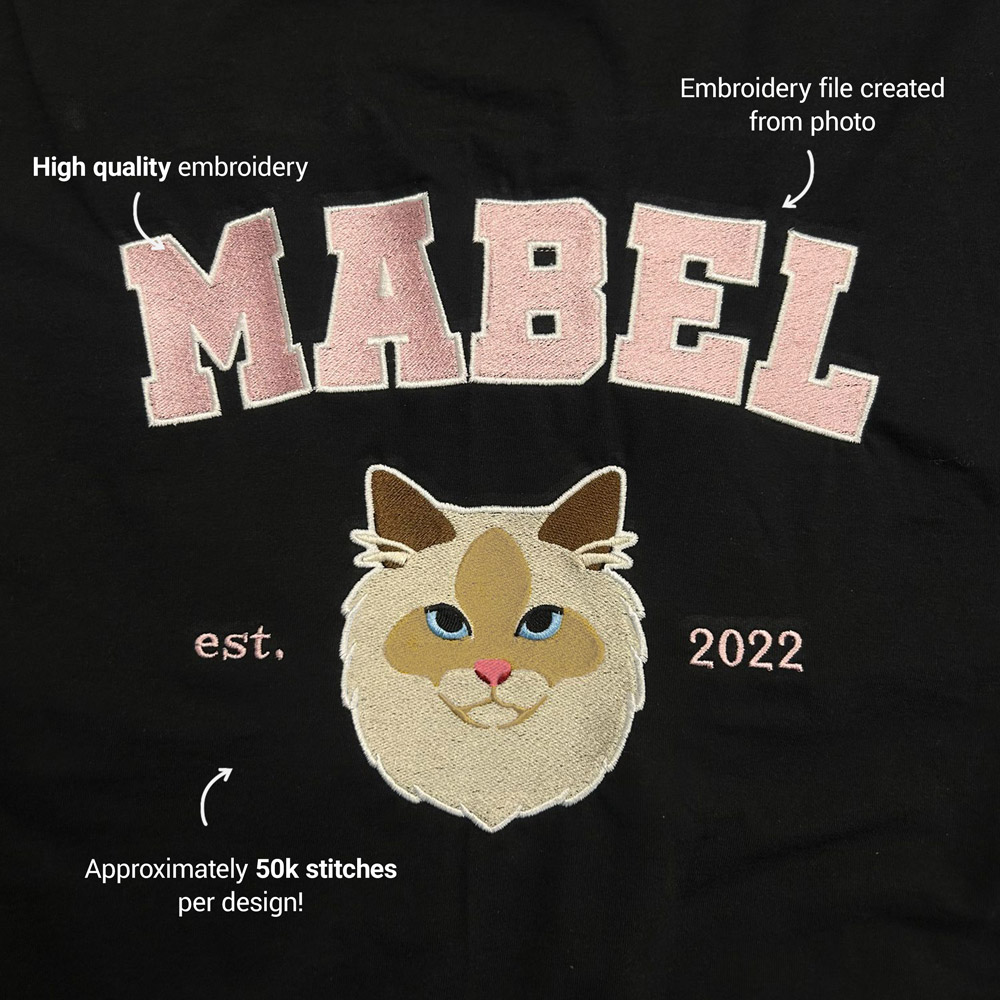 A zoomed in custom pet t shirt in a varsity style which has been customised with an embroidered cat and is labelled with high quality embroidery, embroidery file created from photo and approximately 50k stitches per design