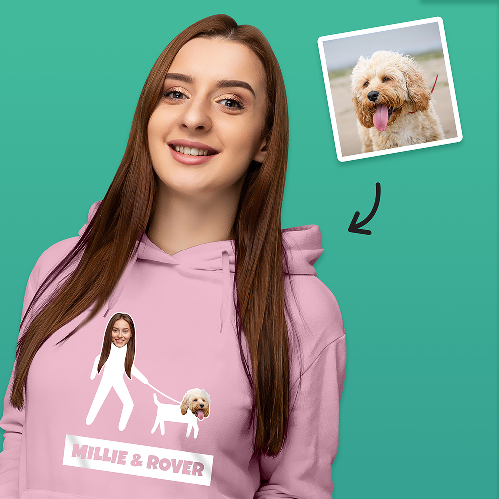 A pink hoodie that can be customised with the face of a pet and its owner, this one makes it look like the owner is walking the dog with custom text reading Millie & Rover
